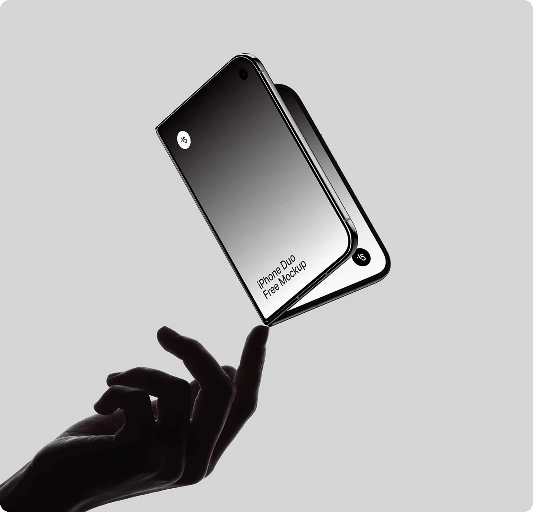 Hand balancing a floating foldable phone mockup on a fingertip, Driftly async video messaging app project