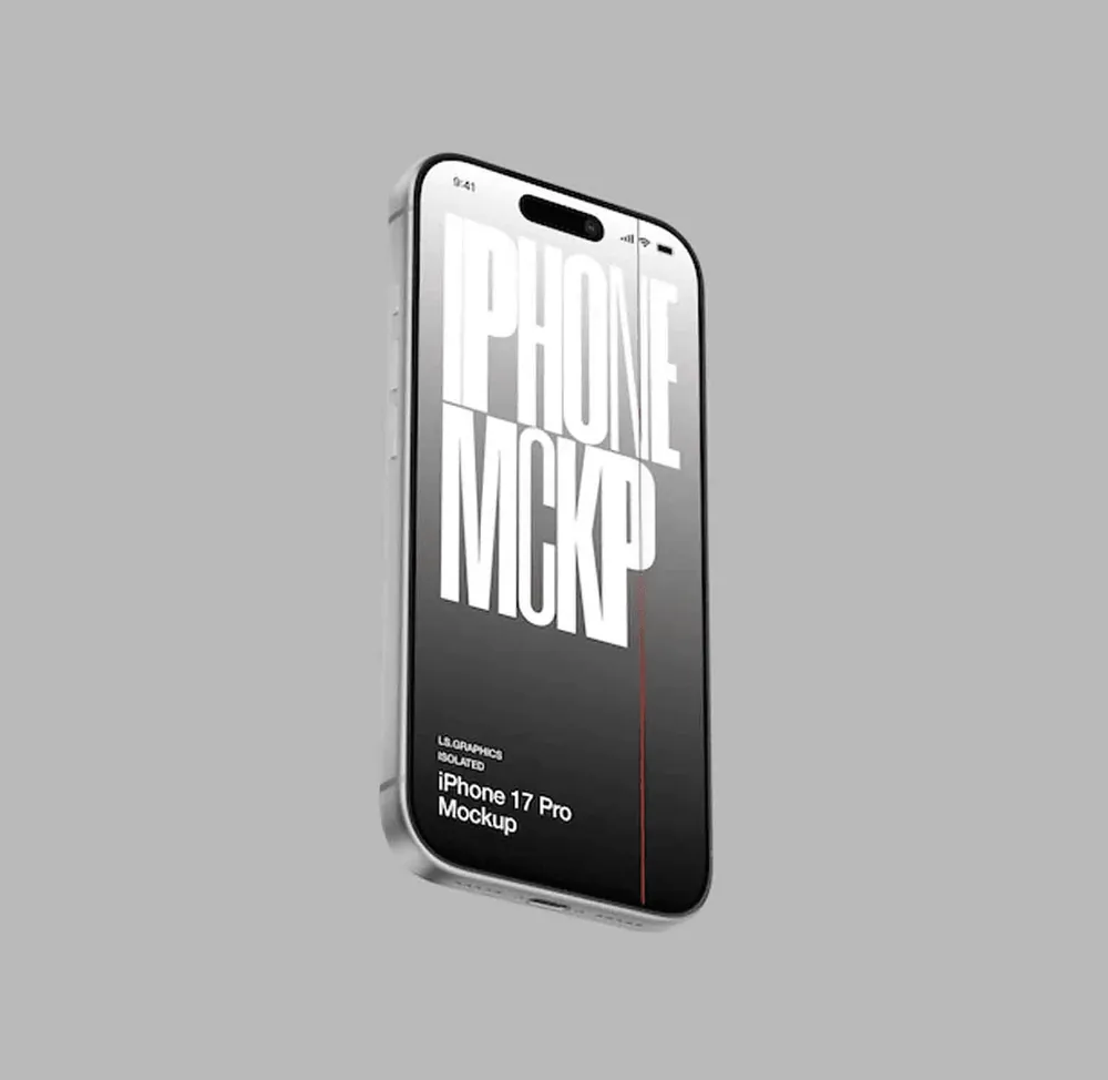 A phone mockup with a black screen on a grey surface