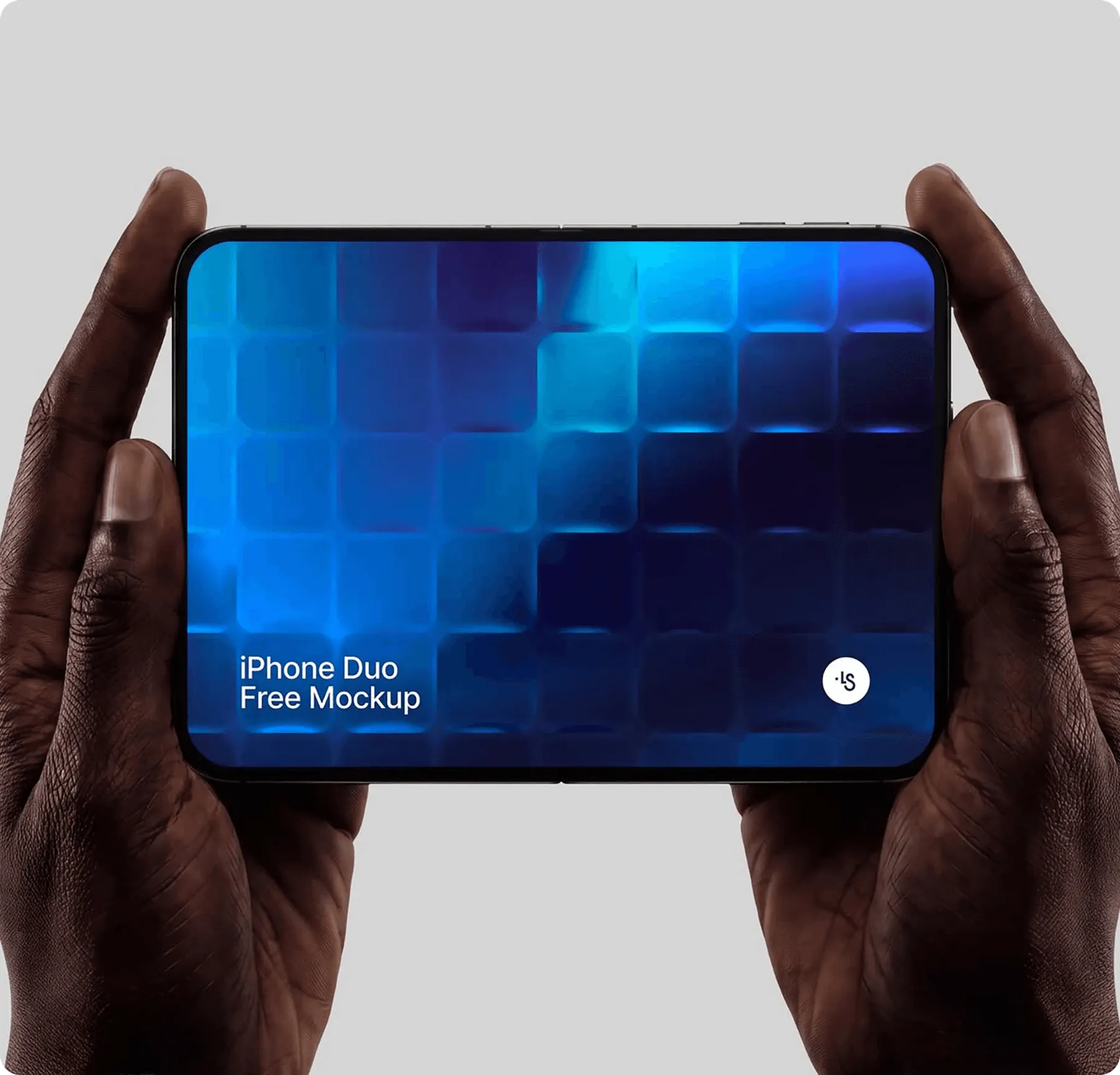 Hands holding a foldable phone in landscape with a vivid blue screen, Nexora patient booking website project
