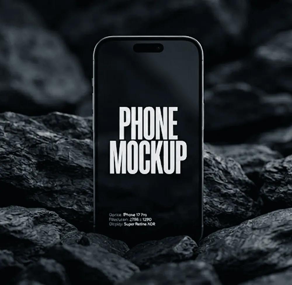 A phone mockup standing among dark rocks