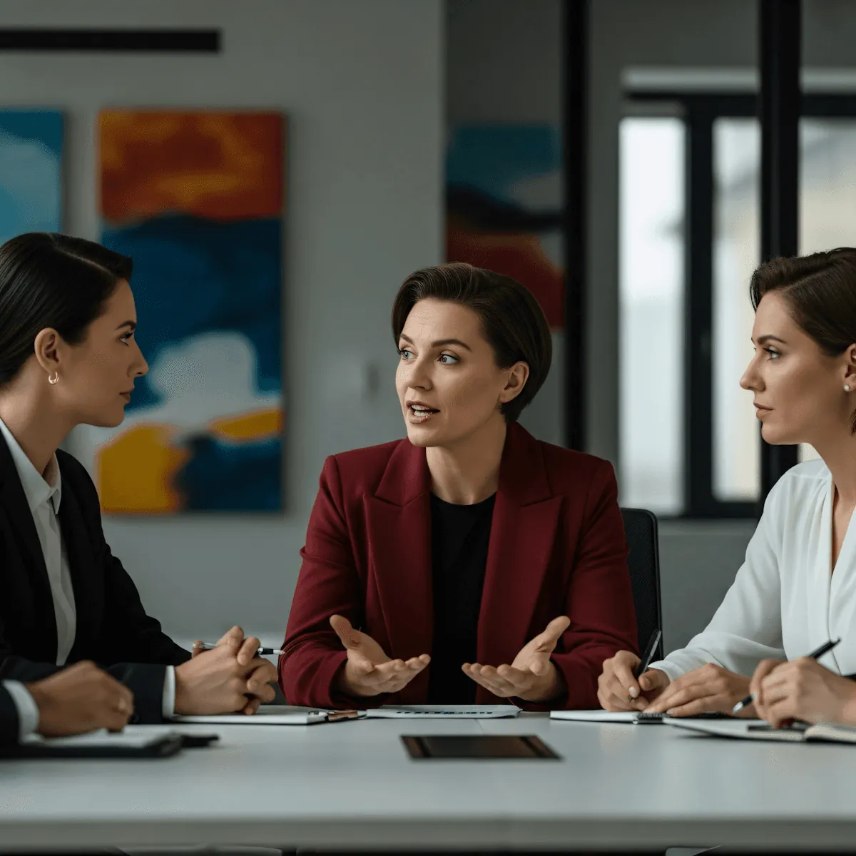 A consultant in a red blazer explaining a plan to two colleagues