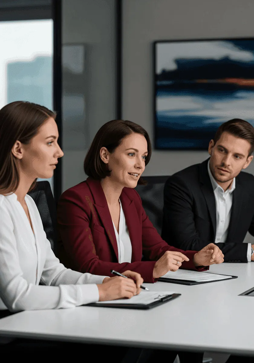 Three consultants listening at a meeting table