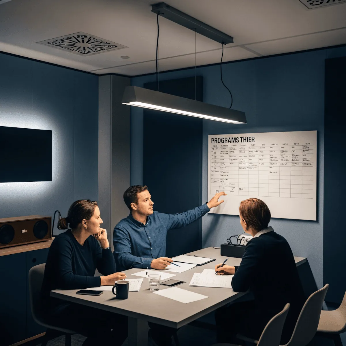 A team planning in a dark blue meeting room