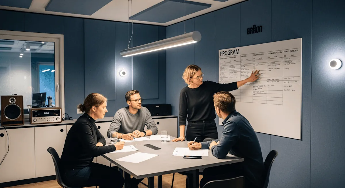 A consultant at a whiteboard leading a session with three clients