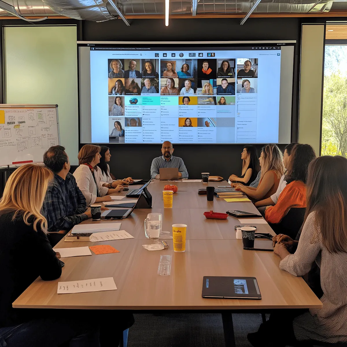 A team workshop around a long table, a video call on the screen