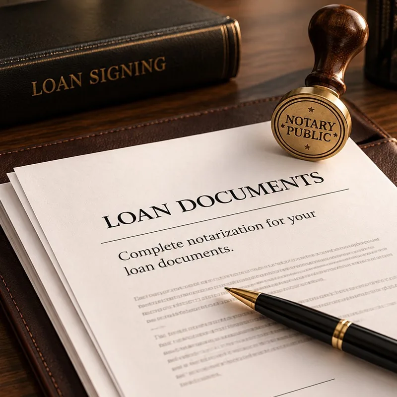 A loan document package with a pen and a notary stamp