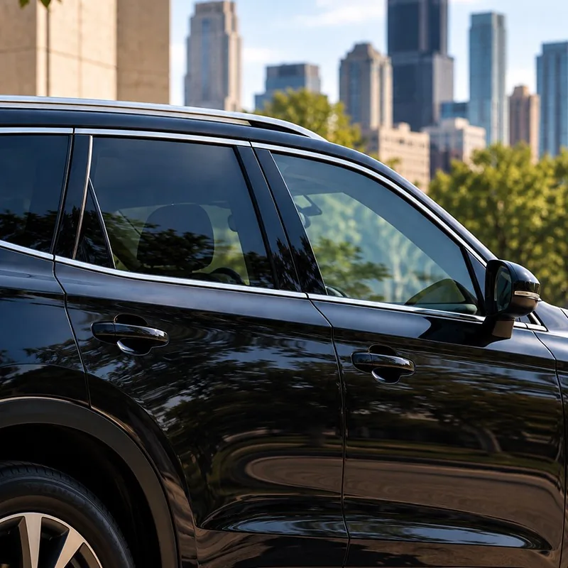 A black car parked in the city for a mobile notary visit