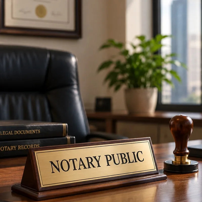 A notary public nameplate and stamp on an office desk