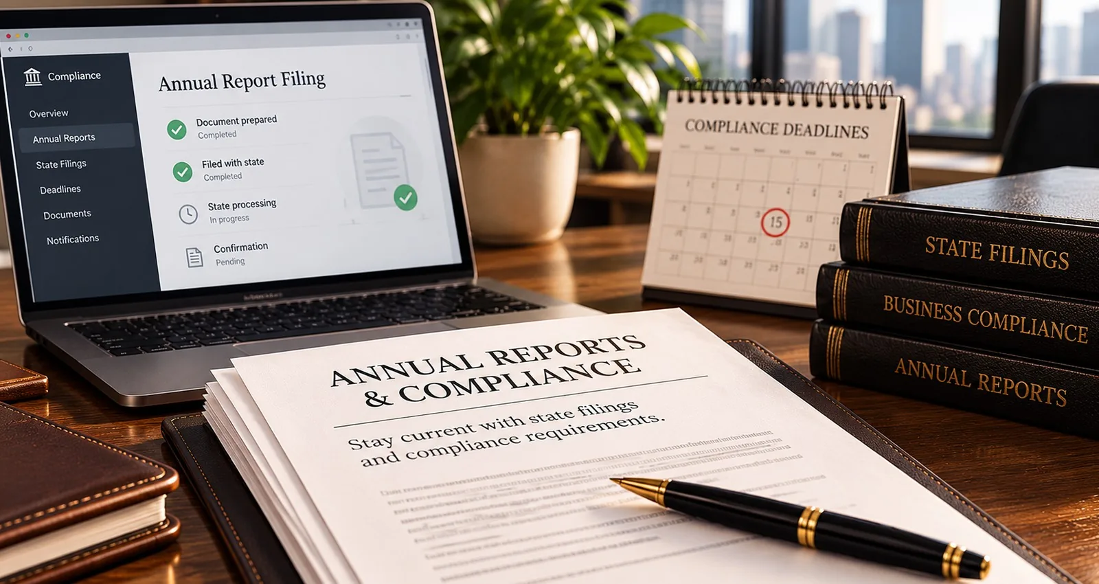 Annual report and compliance papers beside a laptop and calendar