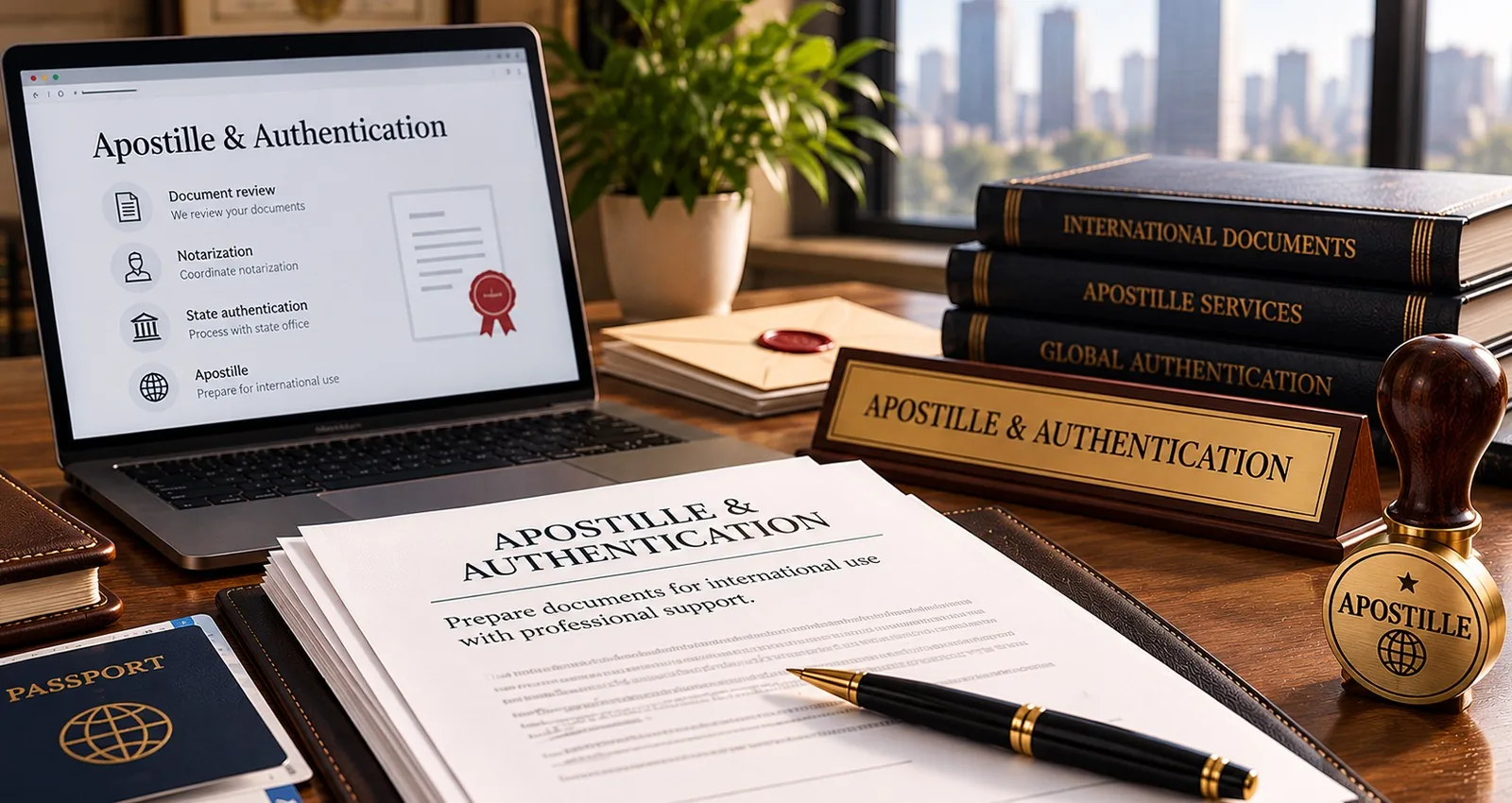 Apostille and authentication papers with a passport and a stamp