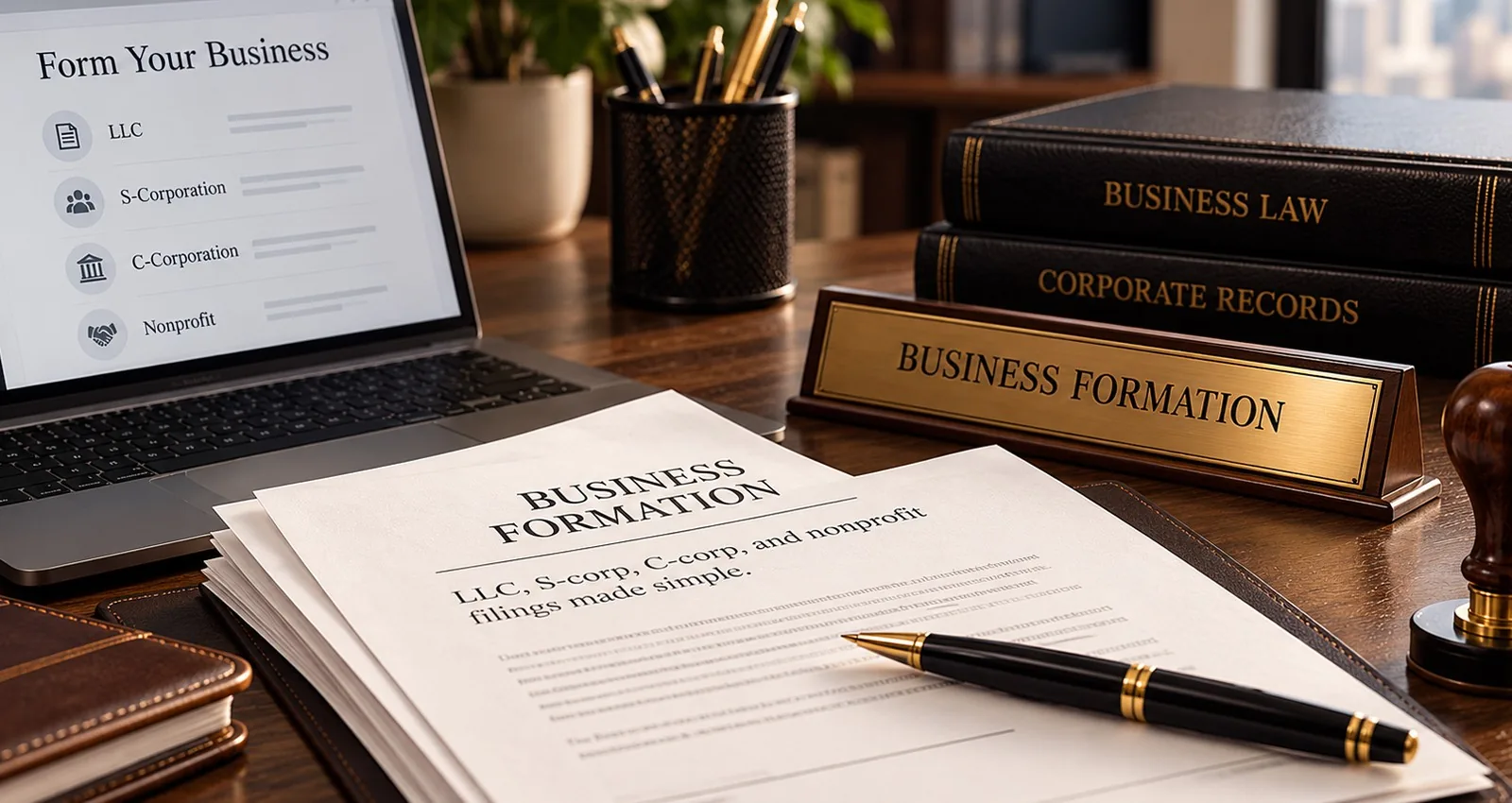 Business formation papers, a laptop and law books on a desk