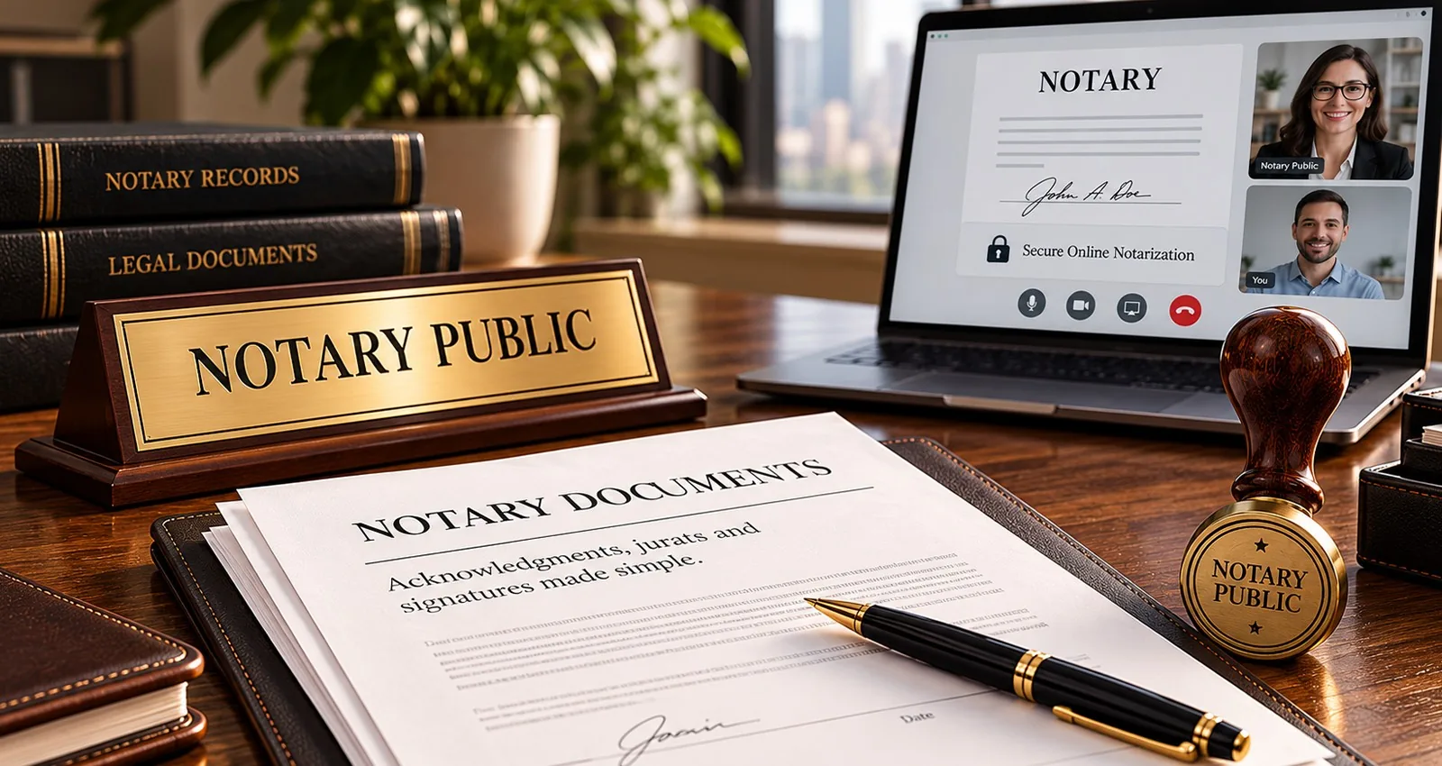 Notary documents, a stamp and a video signing on a laptop