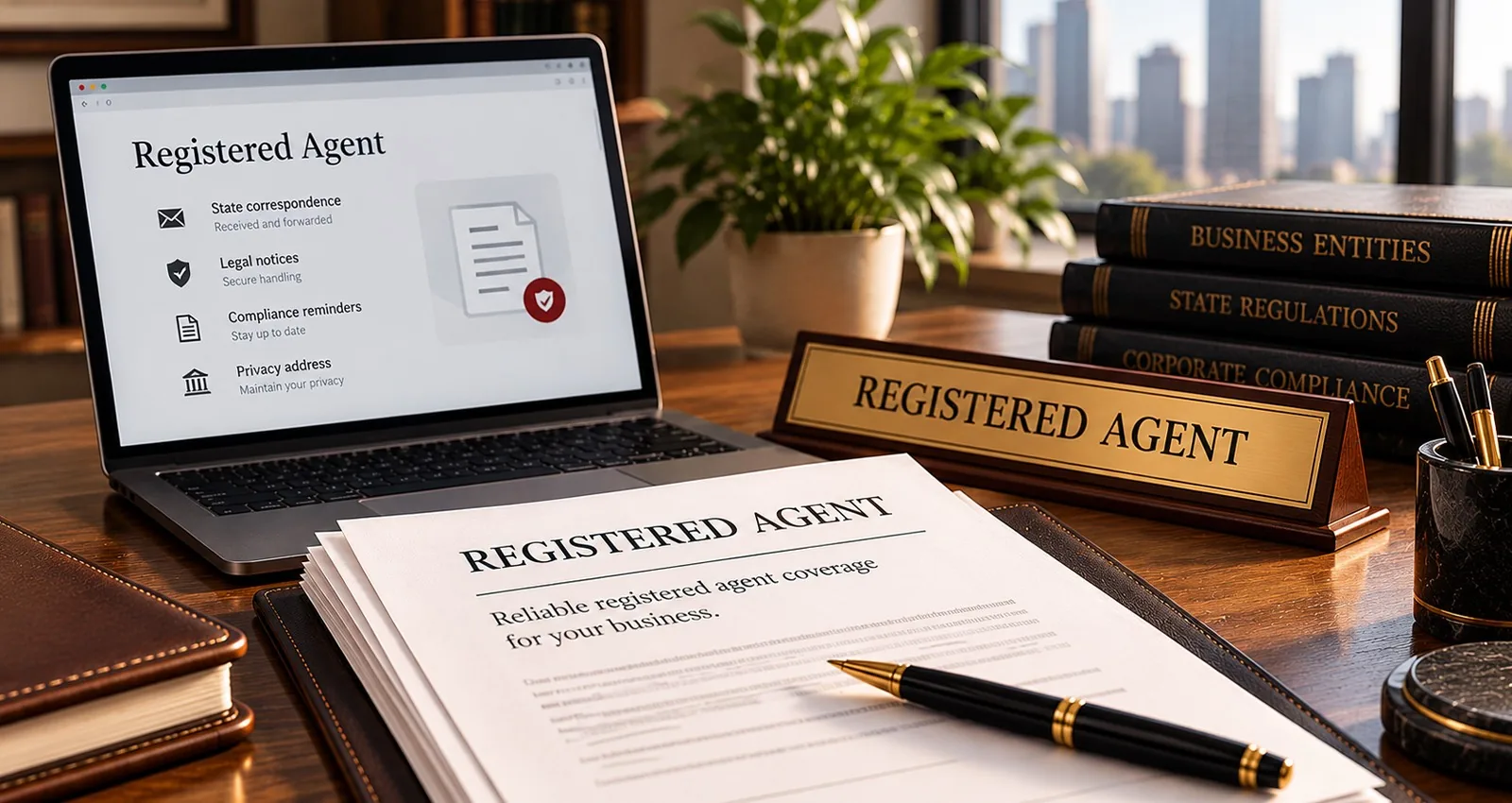 A registered agent form and laptop on an office desk