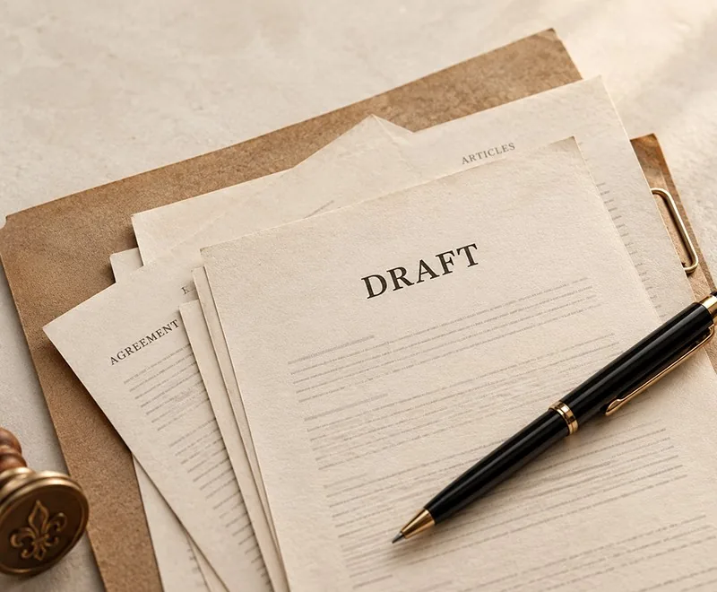 Draft documents and a fountain pen fanned out on a desk