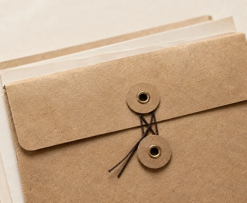 A kraft document envelope tied with string