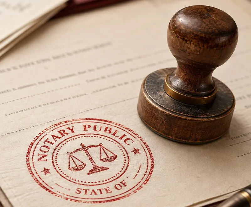 A wooden notary stamp beside its red seal on a filed document