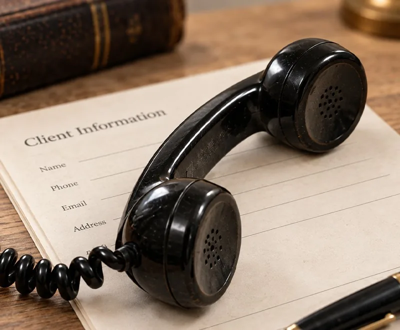 A black telephone handset on a client information form