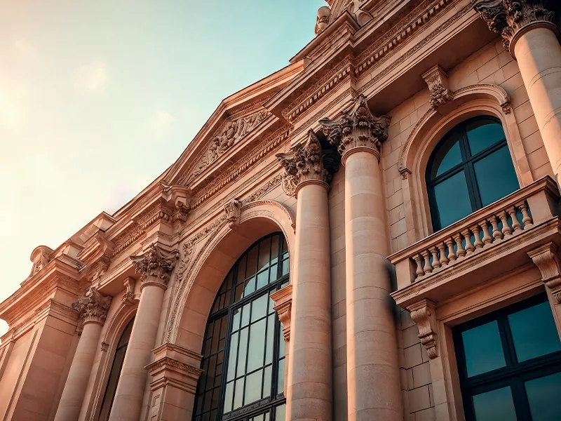 The carved stone front of a downtown building