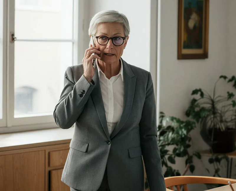 Maria Delgado on the phone in the office