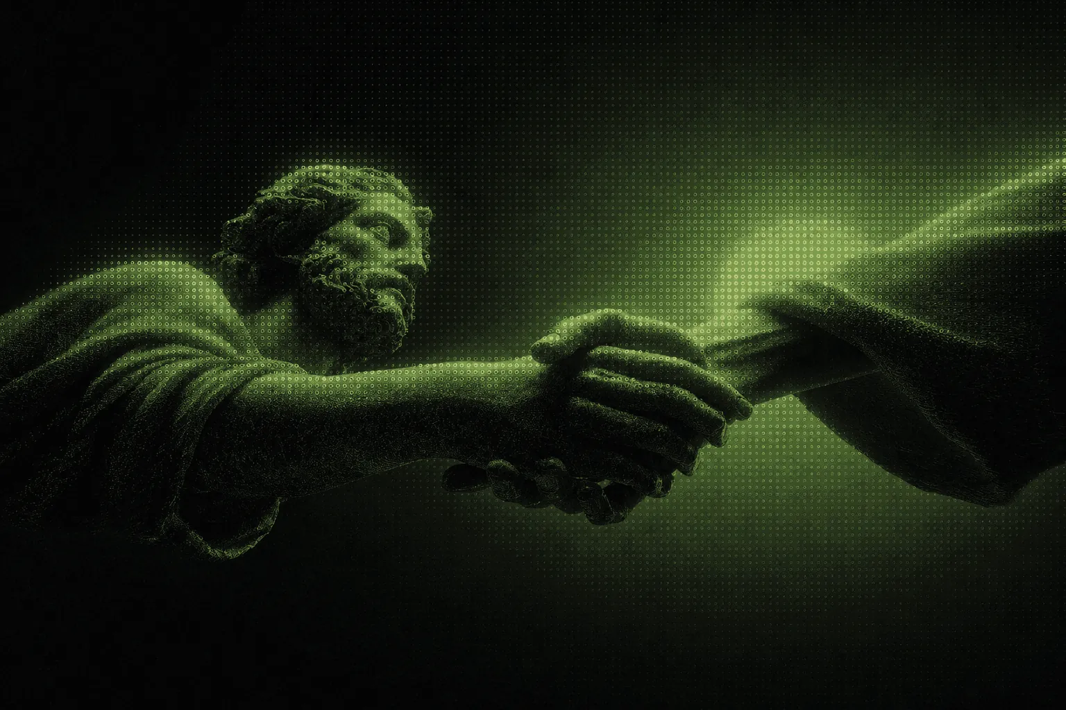 A statue's hand clasping a human hand in green light