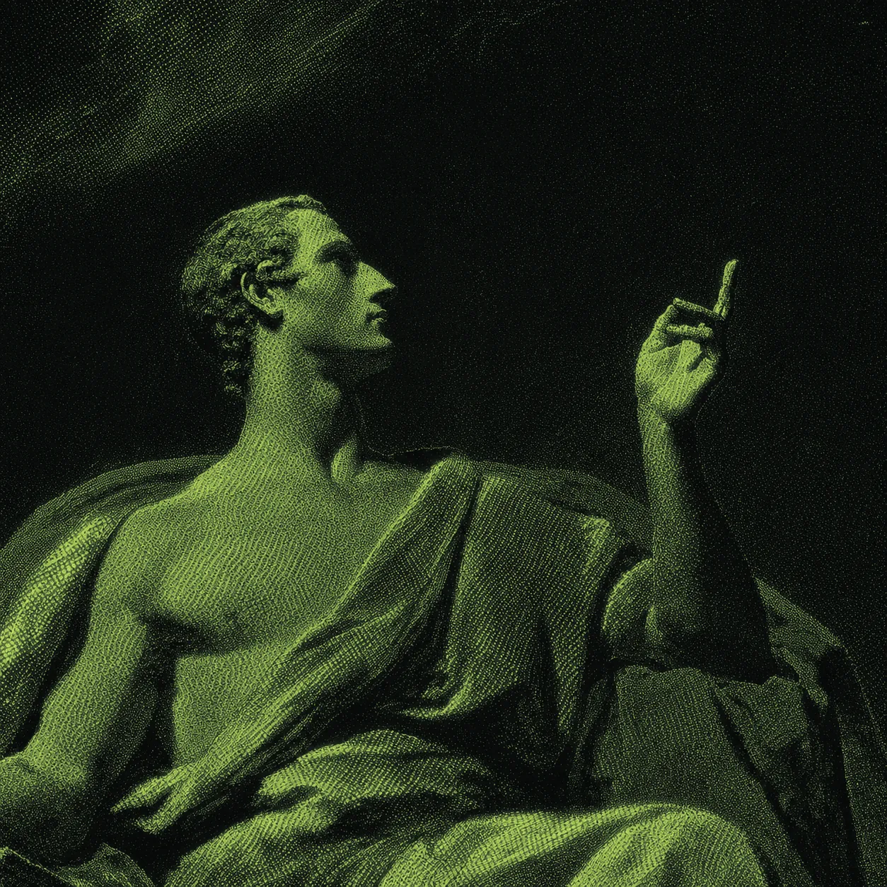 A green statue of a man raising his hand
