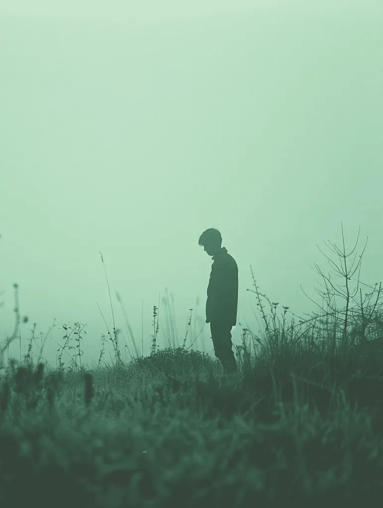 A man standing alone in a misty field