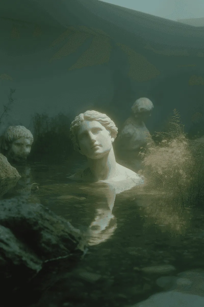 Marble busts among dark green foliage