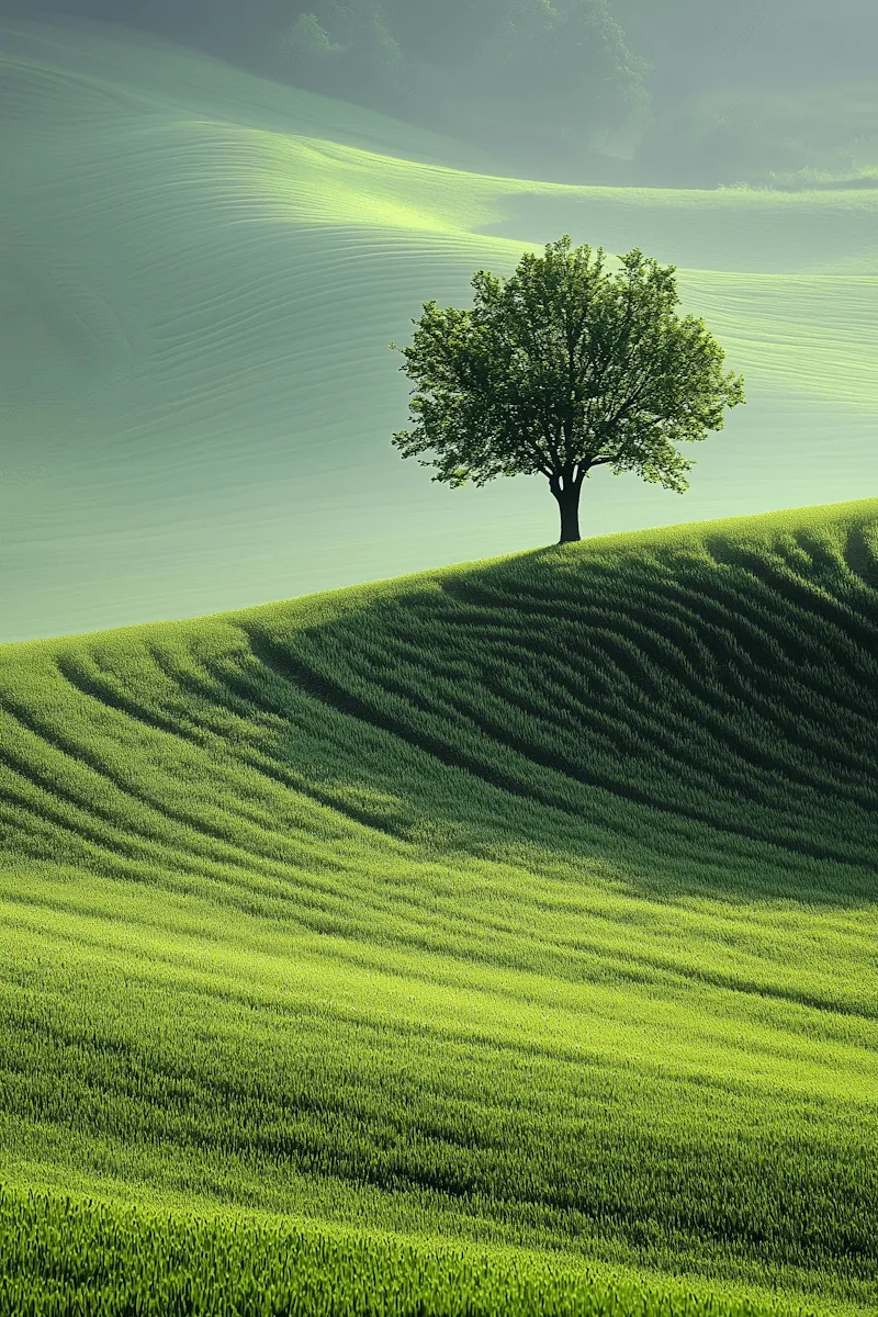 A tree on a furrowed green hill