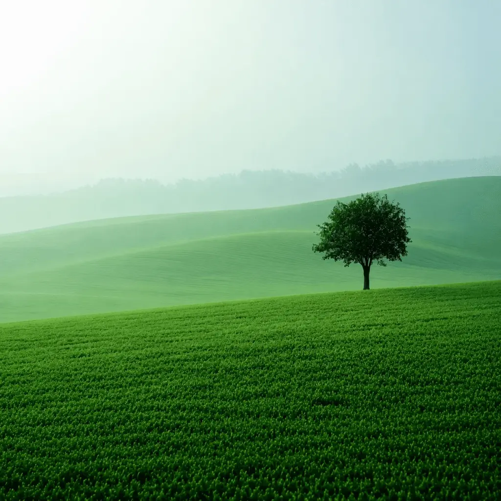 A tree on a hill in green mist