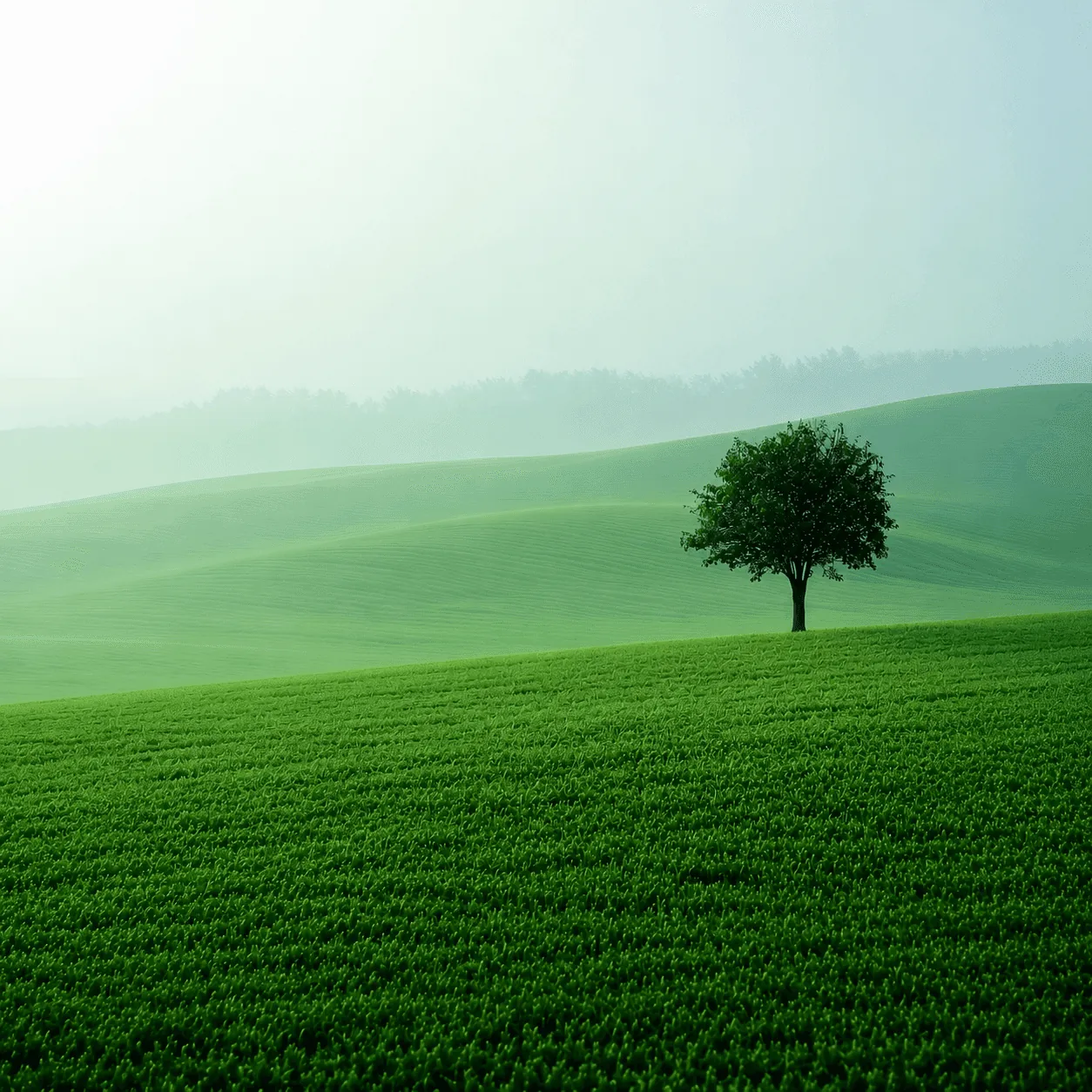 A tree on a hill in green mist