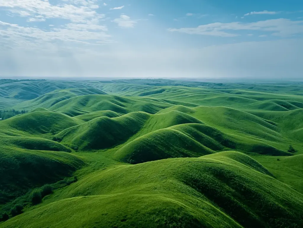 Rolling green hills under a pale sky