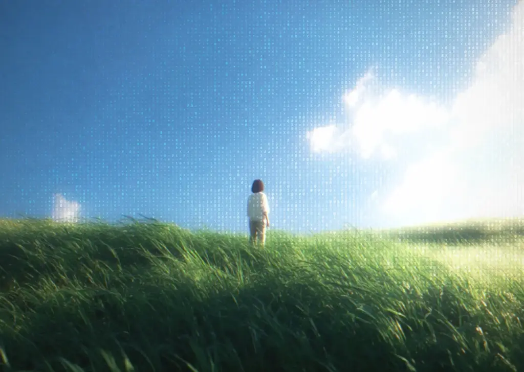 A small figure on a grassy hill under a blue sky