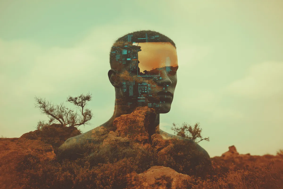 A head of rock and circuitry rising from the desert