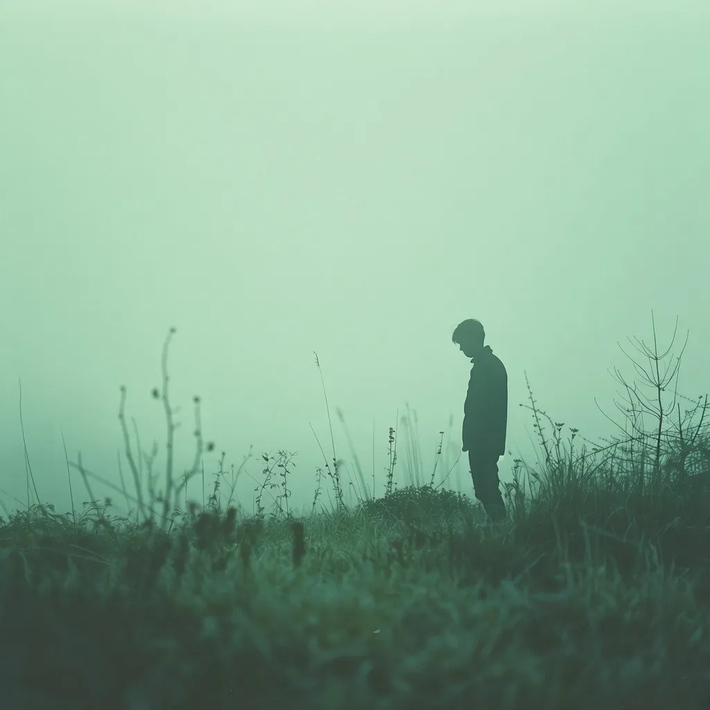 A lone figure in a misty green meadow