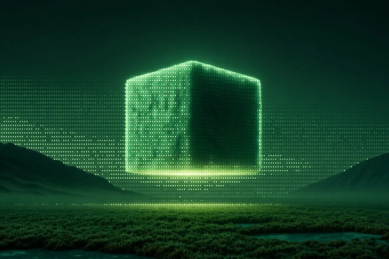 A glowing green cube on a dark field