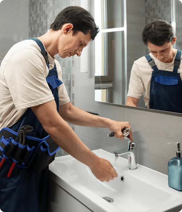 A plumber with a tool belt fixing a bathroom tap