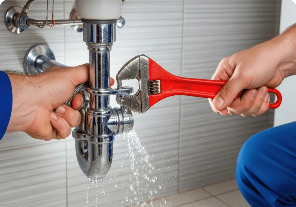Hands holding a red wrench on a leaking chrome pipe