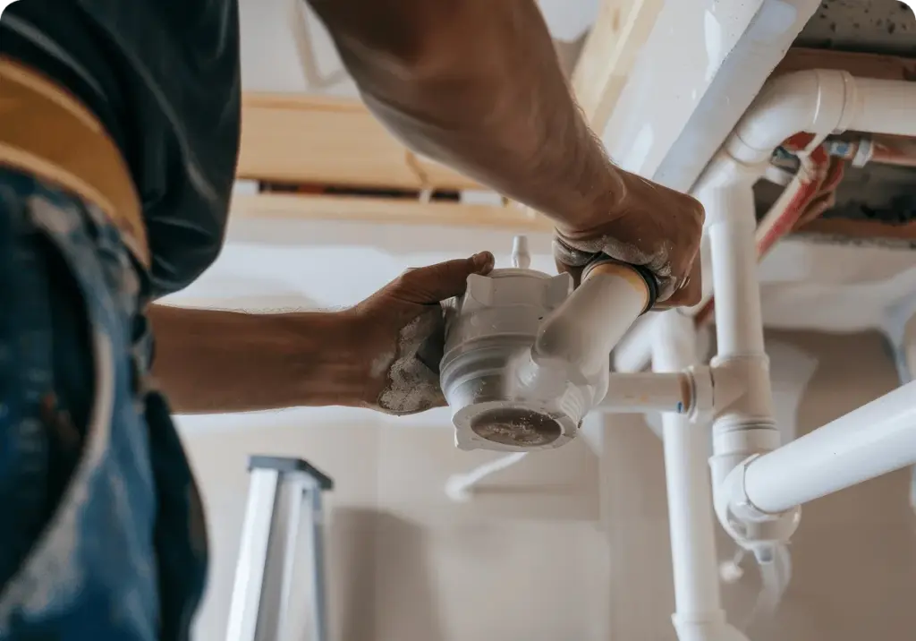 Hands working on the pipes under a sink