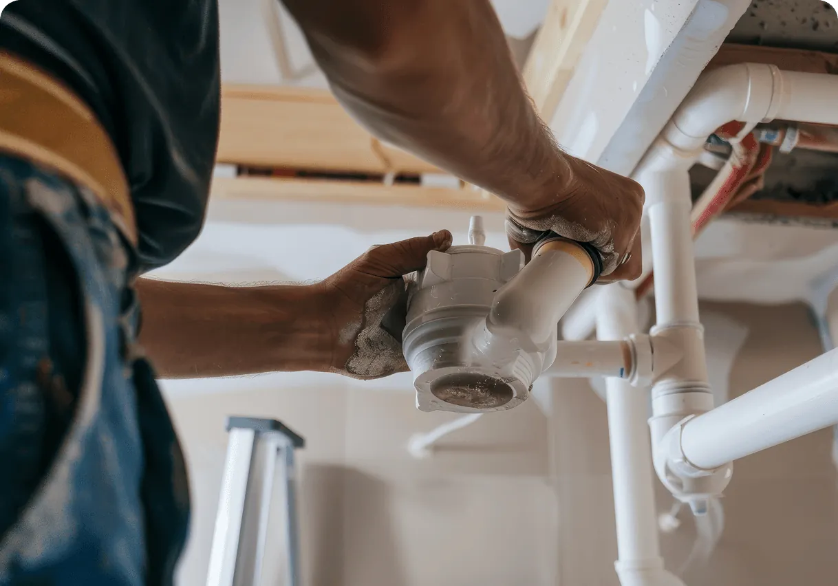 Hands working on the pipes under a sink