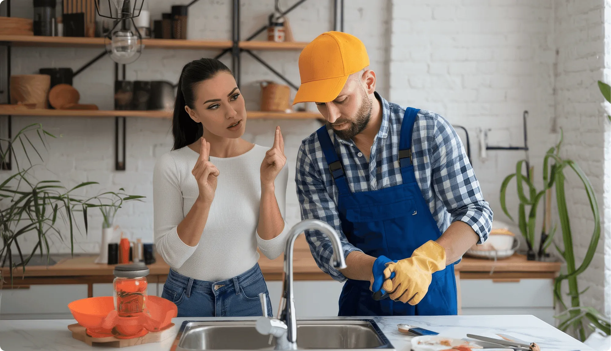 A plumber and a homeowner talking in a bright kitchen
