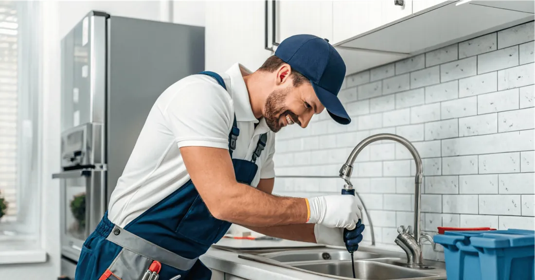 A plumber in a cap working at a kitchen sink