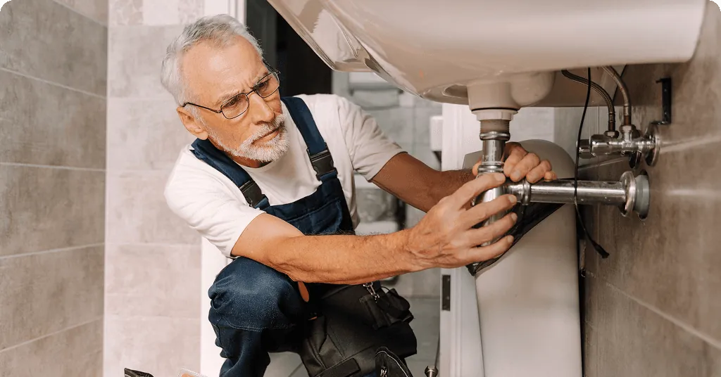 An experienced plumber repairing pipes under a sink