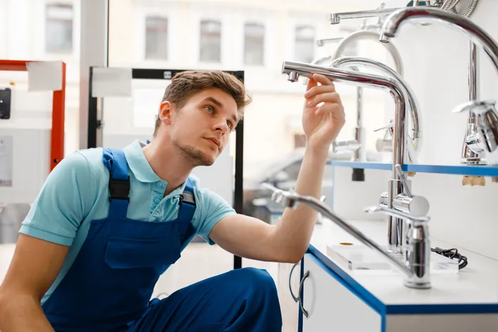 A young plumber in blue overalls checking a kitchen tap