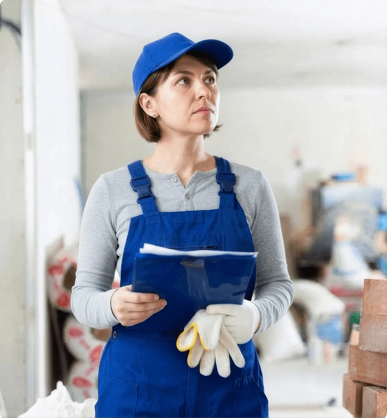 A plumber in a blue cap and overalls holding a clipboard and work gloves