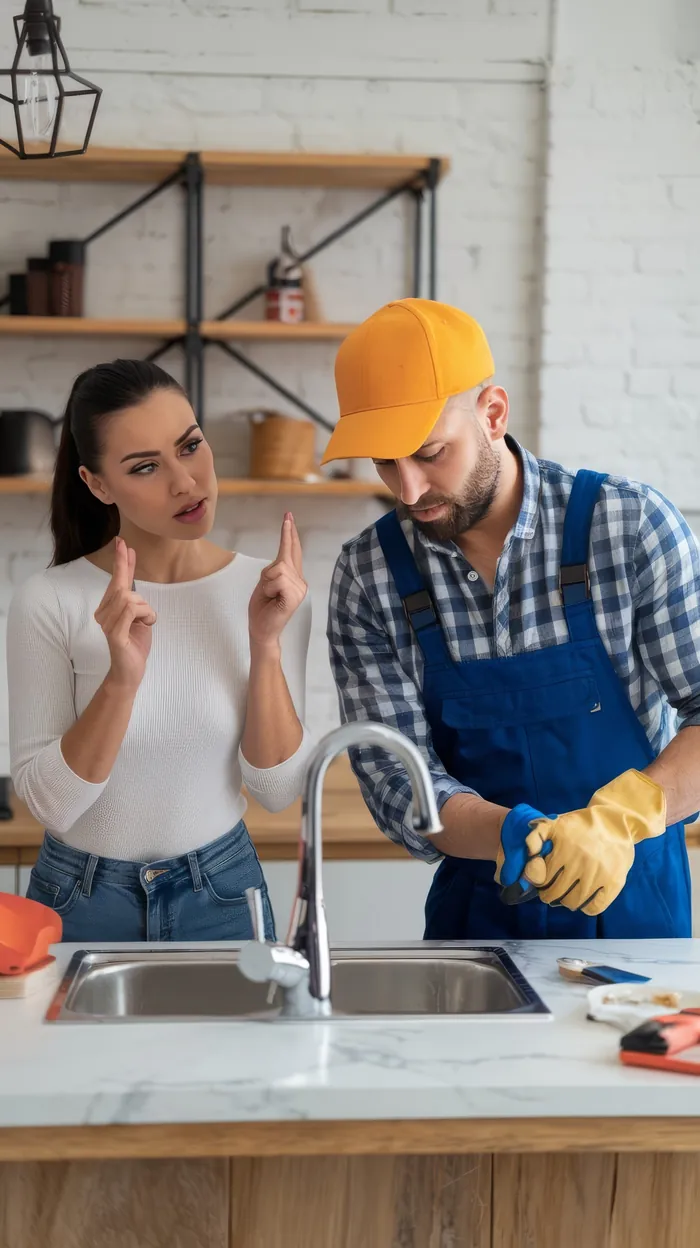 A plumber in yellow gloves listening to a homeowner at her kitchen sink