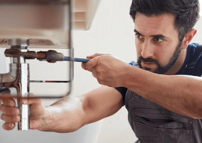 A plumber tightening a pipe fitting with a wrench