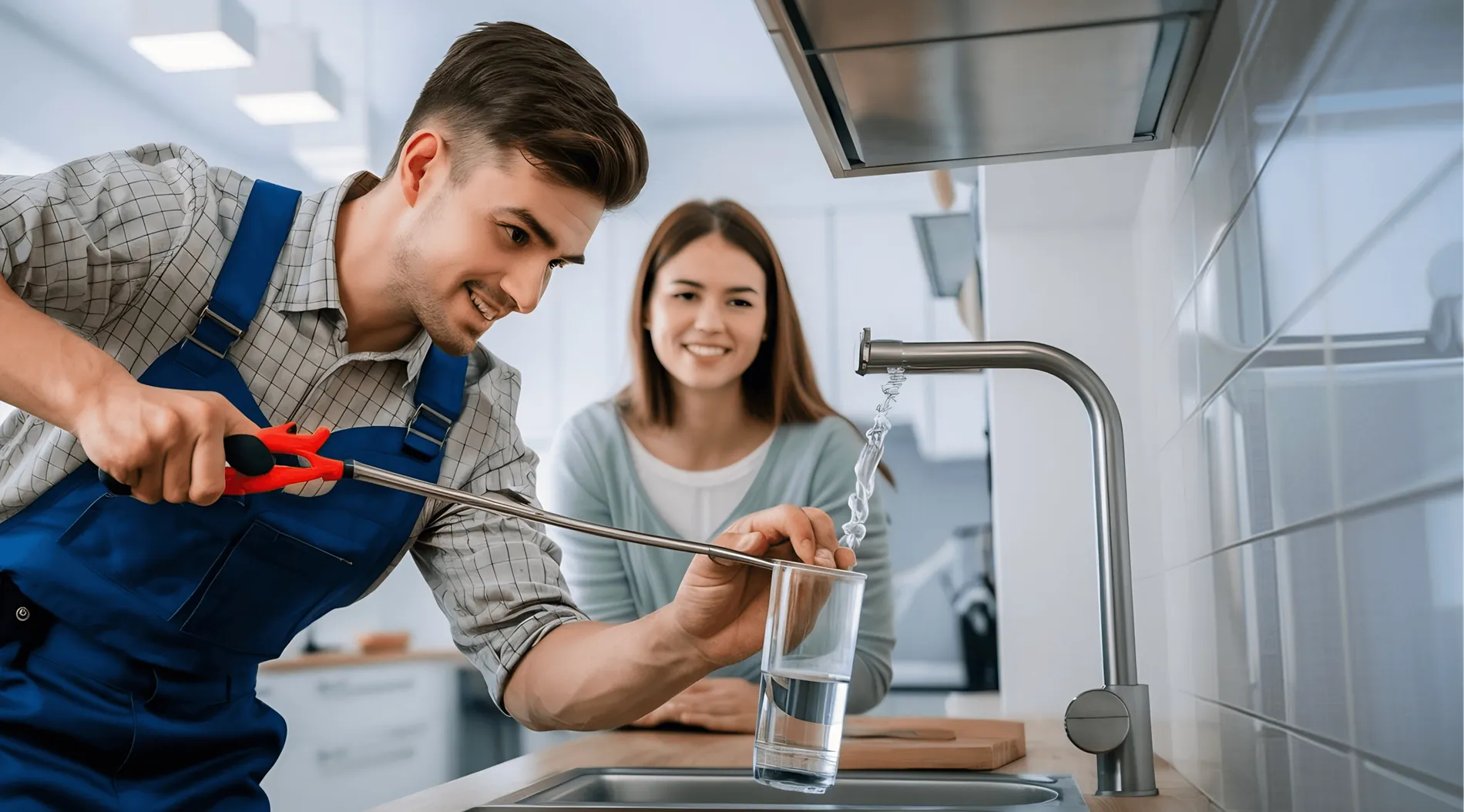 A plumber testing a kitchen tap while the homeowner fills a glass of water