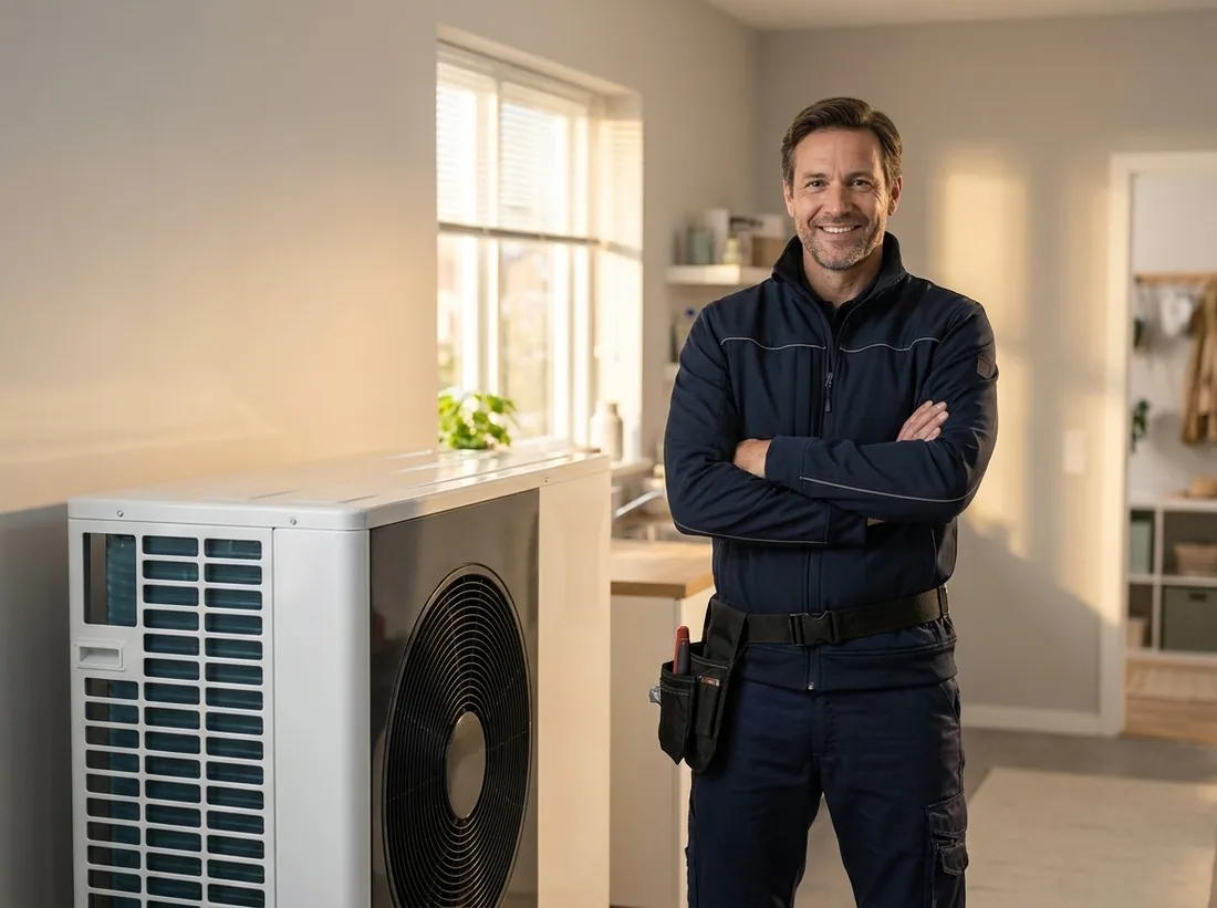 A smiling technician with crossed arms beside an indoor unit