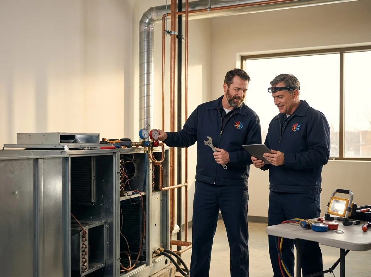 Two technicians reviewing a repair plan beside an air handler