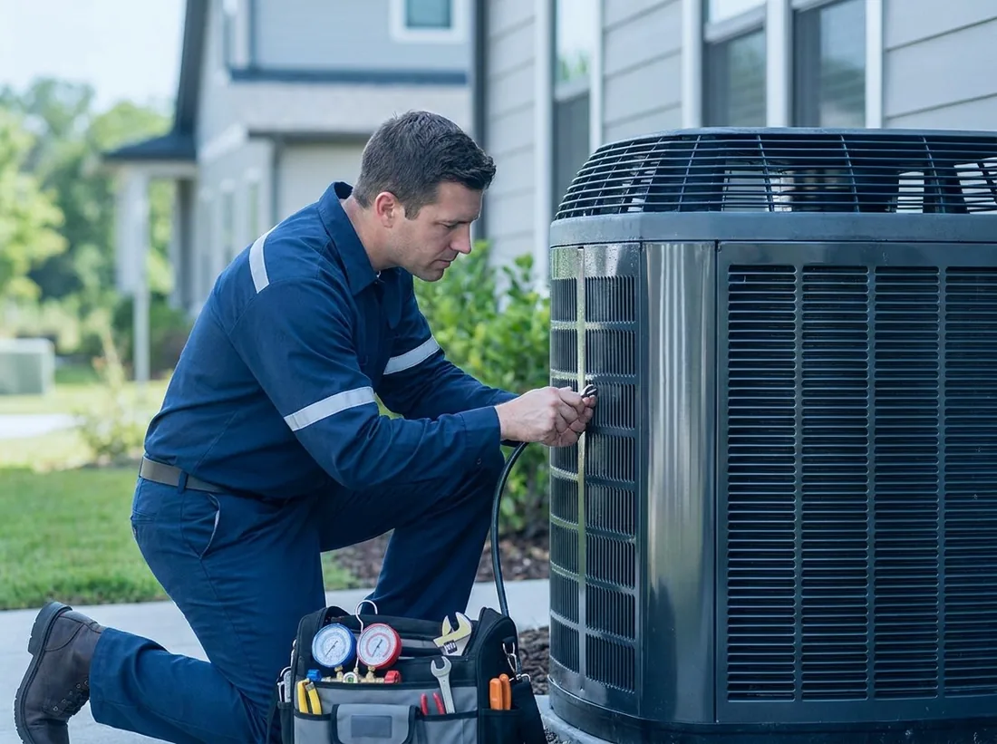 A technician testing an outdoor condenser beside a house